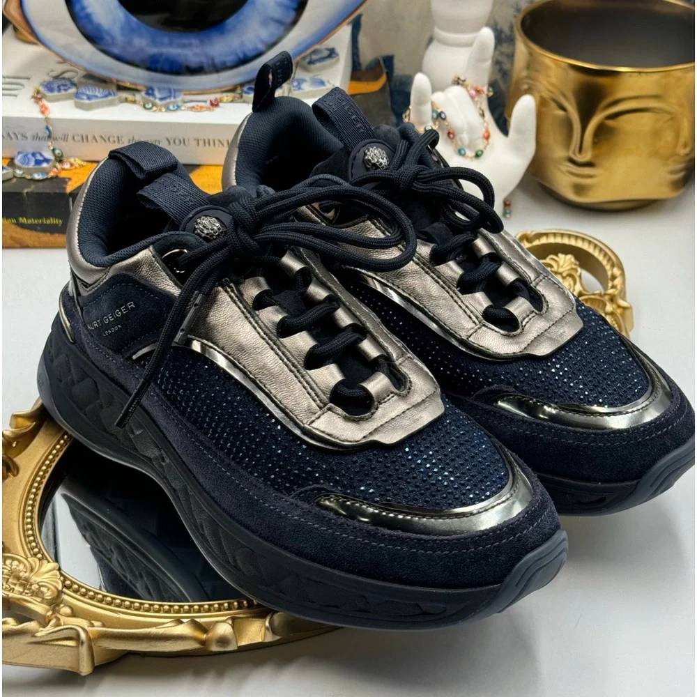 🆕 KURT GEIGER LONDON 🧿 NWOB Kensington Sneaker, Dark Blue Strass, Sz 37 - Picture 4 of 16